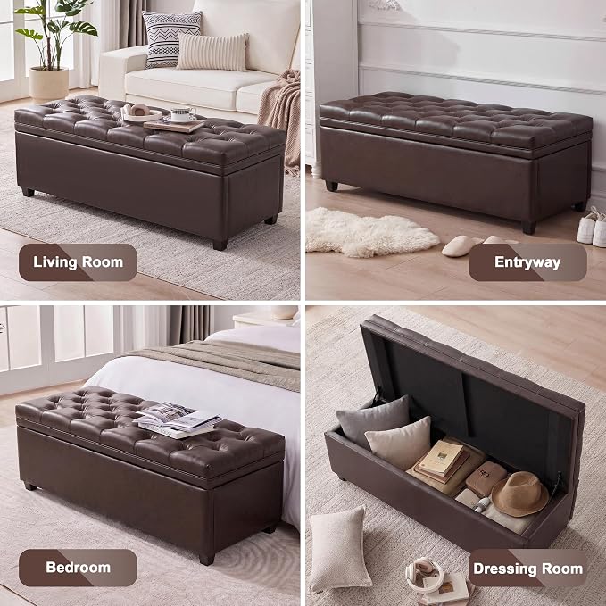 Mangodan Storage Ottoman Bench, Tufted Ottoman with Storage for Living Room, Large End of Bed Ottomans, Modern Entryway Benchs (Faux Leather Dark Brown, 50 Inch)
