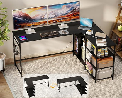 YOSHOOT 63" L Shaped Computer Desk, Gaming Desk | Office Desk with Open Shelves, Corner Desk L Shape for Home Office Work Study, Black