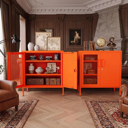 Orange Metal Locker CabinetsMetal Locker Storage Cabinet with Mesh Doors and Adjustable Shelves Coffee Bar Cabinet,Kitchen Pantry Storage Cabinets for Home, Office, Entryway and Hallway ﻿