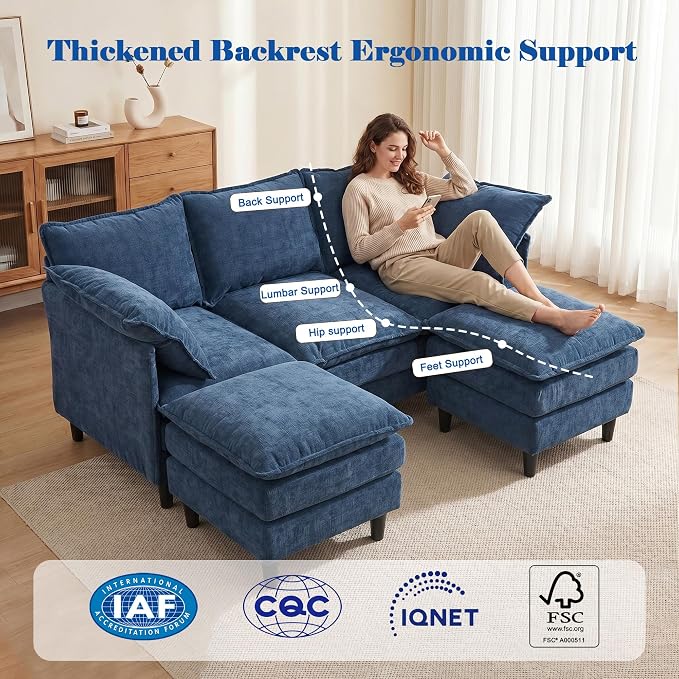 3 Seater U-Shape Couch Sofa with Ottomans, 69" Small Couch Modern Comfy Cloud Sofa with 23" Deep Washable Pillow ChenilleCover Couches for Living Room Bedroom Apartment Office 69-Blue-U