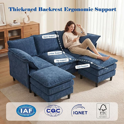 3 Seater U-Shape Couch Sofa with Ottomans, 69" Small Couch Modern Comfy Cloud Sofa with 23" Deep Washable Pillow ChenilleCover Couches for Living Room Bedroom Apartment Office 69-Blue-U