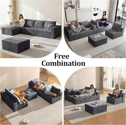 BSHOMGI 92.5'' U-Shaped Boneless Couches, Comfy Corduroy 3 Seaters Sofas with Ottoman, Modern High Back Sectional Sofa for Living Room with Oversized Chaise Deep Seat Sofa, No Assembly Needed
