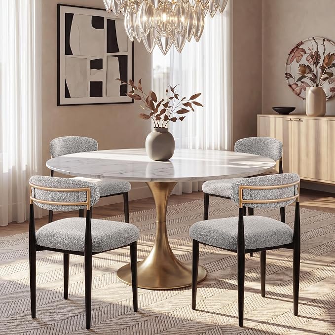 Morden Fort Modern Dining Chairs Set of 4, Boucle Upholstered Side Chairs with Open Backs and Black Metal Legs for Dining Room, Kitchen and Apartment, Grey