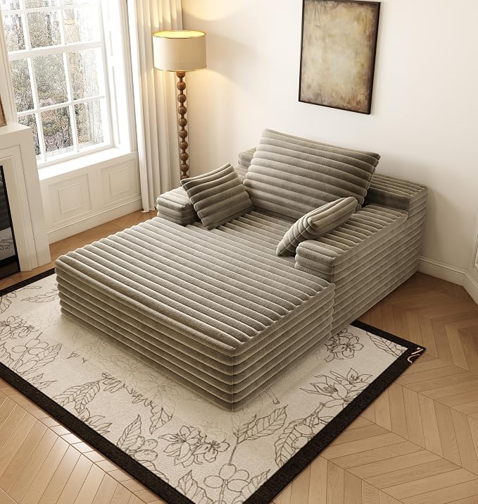 62.6" Oversized Boneless Chaise Lounge Sofa Bed - Cozy Corduroy Reading Chair for Living Room Bedroom, Small Cloud Couch with Throw Pillows, Plush Sleeper Sofa Chairs, No Assembly, Camel