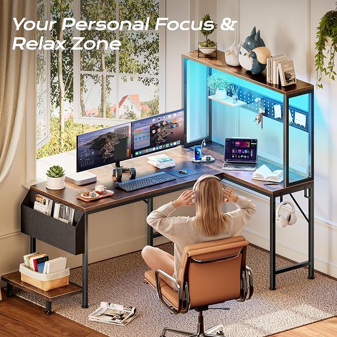 PRAISUN L Shaped Gaming Desk with LED Lights & Power Outlets, Reversible Computer Desk with Storage Shelves & Bag, Large Corner Home Office Desk with Pegboard for Work from Home, Rustic Brown