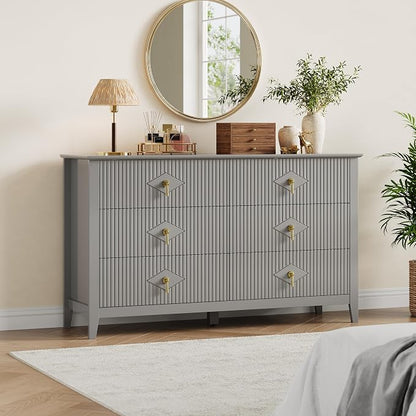 GarveeHome Fluted Dresser for Bedroom, 54 Inch Wide 6-Drawer Wood Dresser, Modern Chest of Drawers, Storage Organizer Cabinet for Living Room, Hallway, Entryway, Grey