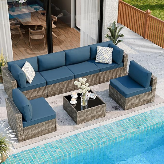 7 Piece Outdoor Patio Furniture Set,Natural PE Rattan Wicker Sectional Sofa, All Weather Conversation Set with Washable Cushions & Glass Coffee Table for Backyard Poolside Garden Porch,Navy Blue