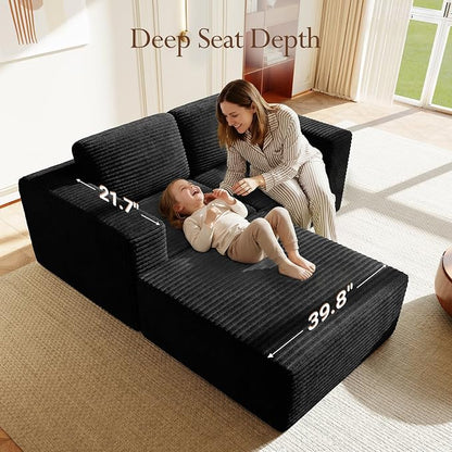 Vesgantti 80" Modular Sectional Sofa, Corduroy Cloud Couch with Deep Seats & Spring Support, Compact 2 Seater Boneless Couch, L-Shaped Modular Sofa for Small Spaces, Apartments, No Assembly, Black