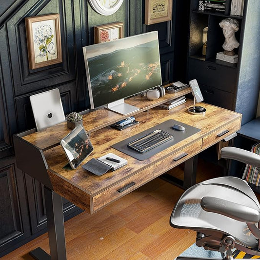 CubiCubi Standing Desk 55x26 Inches with 3 Wood Drawers and Monitor Shelf, Ergonomic Rising Home Office Desks, Height Adjustable Computer Desk, Sit Stand Up Electric Workstation Table, Antique Brown