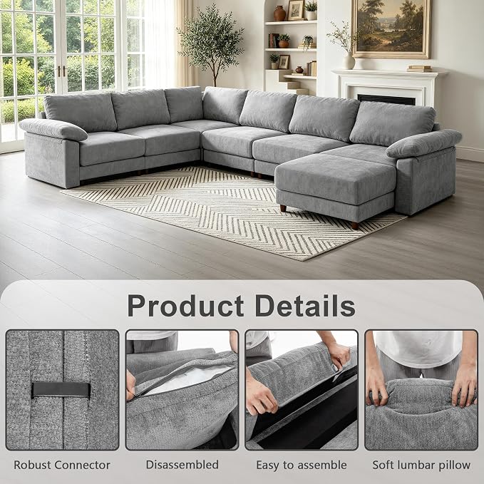 Oversized L Shaped Sectional Couch for Living Room, Extra Large Deep Seat Modular Sectional Sofa with Washable Covers, Modern Cloud Couch for Apartment, Bedroom (Light Gray, Corner V Shape 6 Seat)