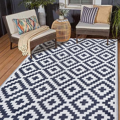 SAND MINE Reversible Mats, Plastic Straw Rug, Modern Area Rug, Large Floor Mat and Rug for Outdoors, RV, Patio, Backyard, Deck, Picnic, Beach, Trailer, Camping, Dark Blue & White, 5' x 8'