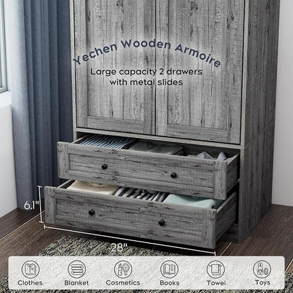 Yechen 71" Wooden Armoire Wardrobe Closet - Modern Functional Clothes Tall Storage Cabinet with Adjustable Shelf and Hanging Rail, Sturdy Freestanding Closet Wardrobe with 2 Wide Drawers for Bedroom