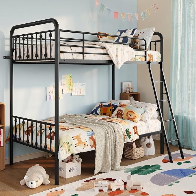 SHA CERLIN Convertible Twin Over Twin Bunk Bed,CPC Certified,Black | Victorian Iron-Art Headboard and Footboard,Space-Saving Metal Bunk Bed with Guardrail & Ladder,No Box Spring Needed