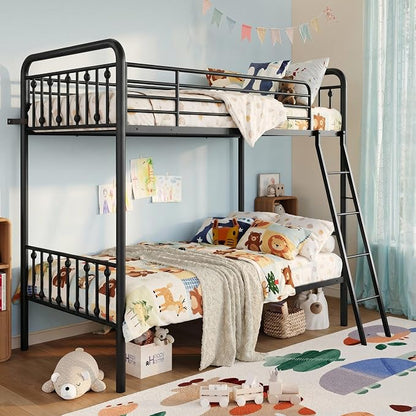 SHA CERLIN Convertible Twin Over Twin Bunk Bed,CPC Certified,Black | Victorian Iron-Art Headboard and Footboard,Space-Saving Metal Bunk Bed with Guardrail & Ladder,No Box Spring Needed
