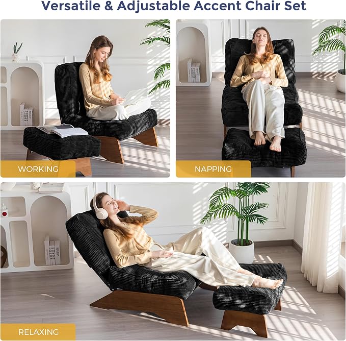 MAXYOYO Accent Chair with Ottoman Adjustable Backrest, Tufted Living Room Chair Upholstered Lounge Chair with Footrest Set, Modern Chair Cozy Reclining for Reading Room, Black