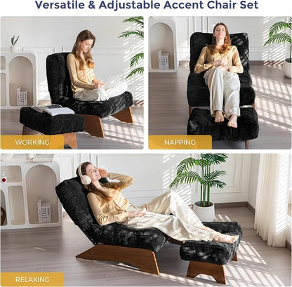 MAXYOYO Accent Chair with Ottoman Adjustable Backrest, Tufted Living Room Chair Upholstered Lounge Chair with Footrest Set, Modern Chair Cozy Reclining for Reading Room, Black