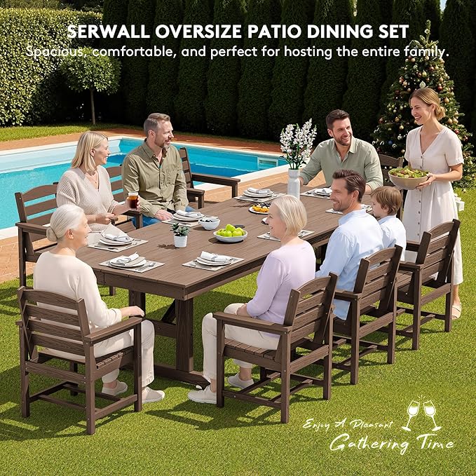 SERWALL 10 Piece 84" HDPE Outdoor Dining Set for 8 with 15ft Double-Sided Umbrella, Brown
