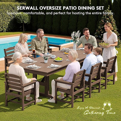 SERWALL 10 Piece 84" HDPE Outdoor Dining Set for 8 with 15ft Double-Sided Umbrella, Brown