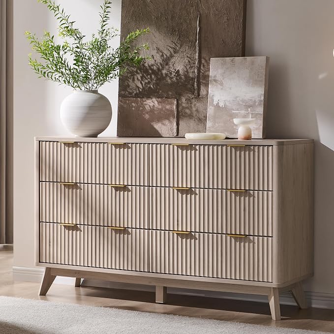 T4TREAM Fluted 6 Drawers Dresser, 54" Wide Modern Chest of Drawers, Curved Profile Design, Dresser TV Stand, Wood Drawer Organizer for Bedroom, Living Room, Hallway, White Alder