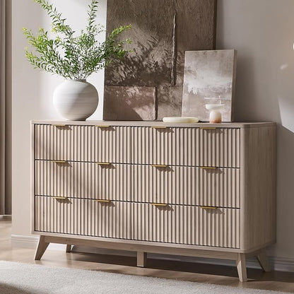 T4TREAM Fluted 6 Drawers Dresser, 54" Wide Modern Chest of Drawers, Curved Profile Design, Dresser TV Stand, Wood Drawer Organizer for Bedroom, Living Room, Hallway, White Alder