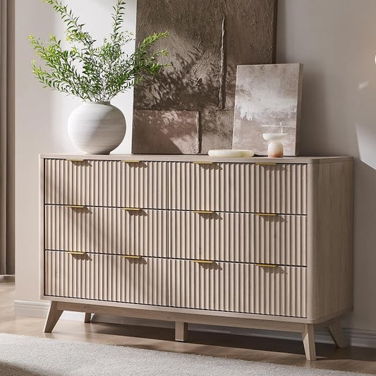T4TREAM Fluted 6 Drawers Dresser, 54" Wide Modern Chest of Drawers, Curved Profile Design, Dresser TV Stand, Wood Drawer Organizer for Bedroom, Living Room, Hallway, White Alder