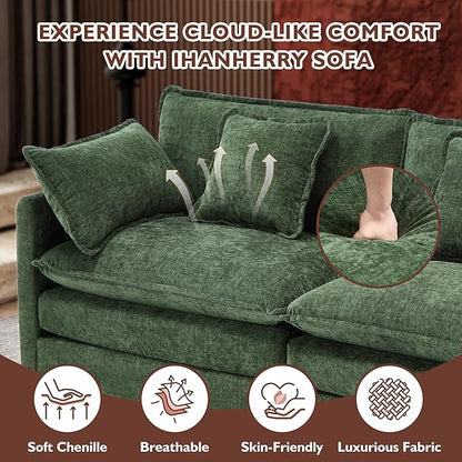 Ihanherry 111.4 Inch 3-Seater Cloud Sofa, Modular Sectional Couch, Modern Deep Seat Sofa for Living Room, Comfy Double Layer Upholstered Seat Cushion, Breathable Chenille Fabric, Green