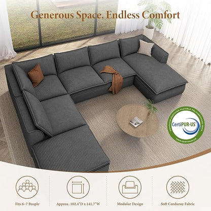 Vesgantti 141.7" Oversized Boneless Sectional Couch, Modern 7 Seater Modular Sofa with Chaise & Ottoman, Deep Seat Corduroy Cloud Couches for Living Room, No Assembly Required, Dark Gray