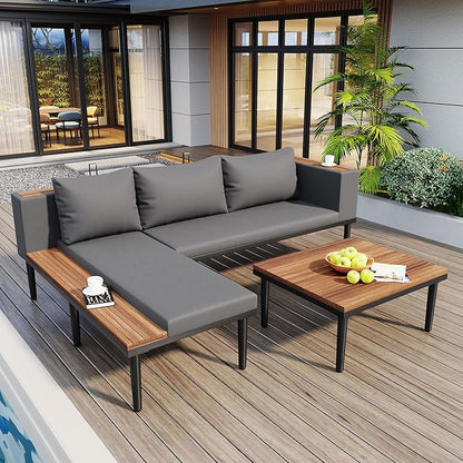 VilroCaz Luxury Outdoor Patio Furniture Set, L-Shaped Acacia Wood Sectional Sofa with Side Table, All-Weather Conversation Set with Removable Cushions and Coffee Table for Backyard Porch (Gray-4.20)