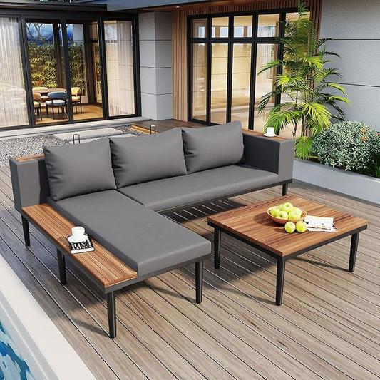 VilroCaz Luxury Outdoor Patio Furniture Set, L-Shaped Acacia Wood Sectional Sofa with Side Table, All-Weather Conversation Set with Removable Cushions and Coffee Table for Backyard Porch (Gray-4.20)