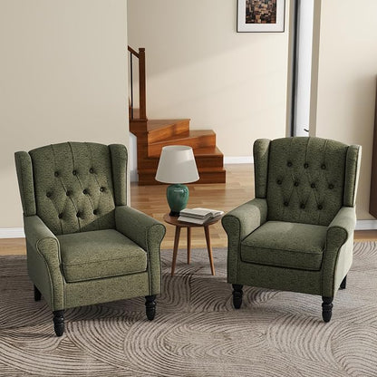 High Back Accent Chairs Set of 2, Upholstered Armchair Wingback Arm Chair for Living Room, Comfy Single Sofa Solid Wood Legs Bedroom Reading Seat - Green