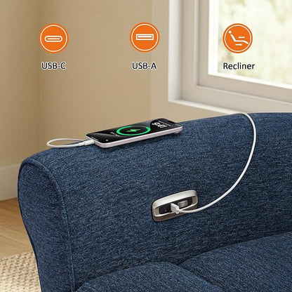 MCombo 87.8" Wall Hugger Power Reclining Sofa with Drop Down Table, 3-Seater Recliner Couch for Small Spaces Living Room RV, USB Ports, Fabric PR635M3 (Navy Blue)