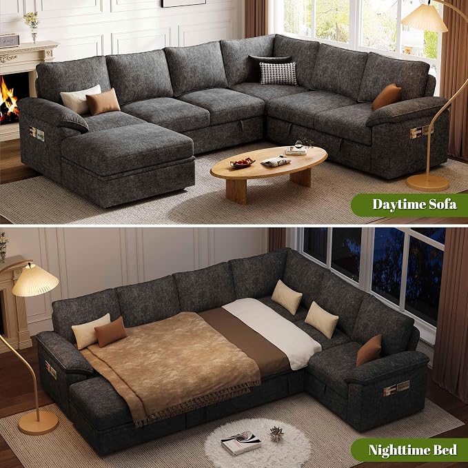 108 Inch Sectional Sleeper Sofa with Pull Out Bed, U Shaped 7 Seat Modular Sectional Sofa with Storage, Sectional Couches for Living Room, Cloud Modular Couch,Removable Sofa Cover, Dark Grey