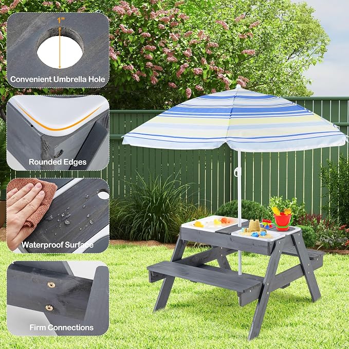 Costzon Kids Picnic Table with Sensory Bins, 4 in 1 Sand and Water Table with Height Adjustable Umbrella, Removable Tabletop, Wooden Kids Outdoor Table for Backyard Patio Play