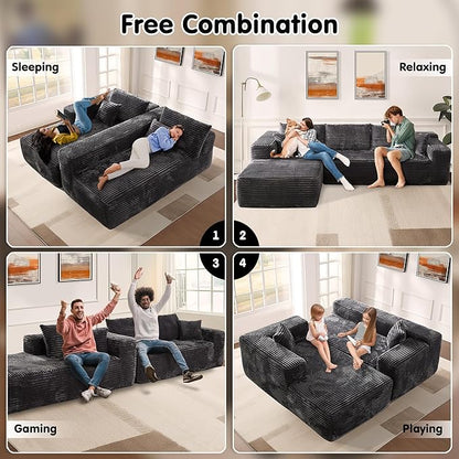 ovios 104" Cloud Boneless Couch with L-Shape Chaise,Modern Sectional Modular Sofa with Deep Seat, Upholstered Couches for Living Room Bedroom,No Assembly Required, Grey (Plush Corduroy Fabric)