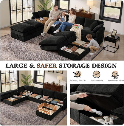 Ihanherry 135” Oversized Sectional Sofa Bed with Storage, 8-Seater Modular Cloud Couch with Movable Ottomans, Chenille Deep Seat Sleeper Couches for Living Room (Black)