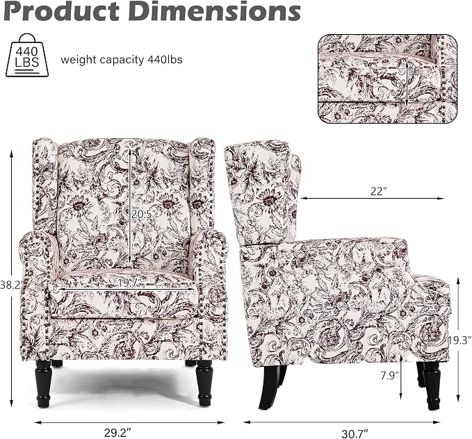 High Back Floral Accent Chairs Set of 2, Fabric Wingback Chair Upholstered Armchair for Living Room - Rococo Plum