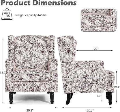 High Back Floral Accent Chairs Set of 2, Fabric Wingback Chair Upholstered Armchair for Living Room - Rococo Plum