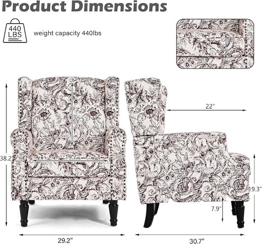 High Back Floral Accent Chairs Set of 2, Fabric Wingback Chair Upholstered Armchair for Living Room - Rococo Plum