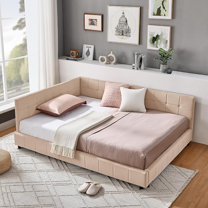Bellemave Full Size Corner Bed Frame with Comfortable Backrest and Armrests, Velvet Tufted Corner Bed Frame Full Size, Upholstered Daybed for Bedroom, Living Room, Guest Room, Pink