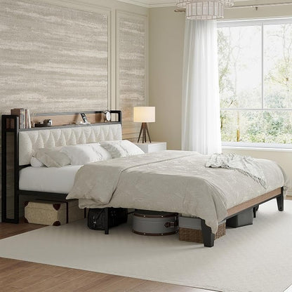 King Size Bed Frame with Headboard & Charging Station, Wood and Cream