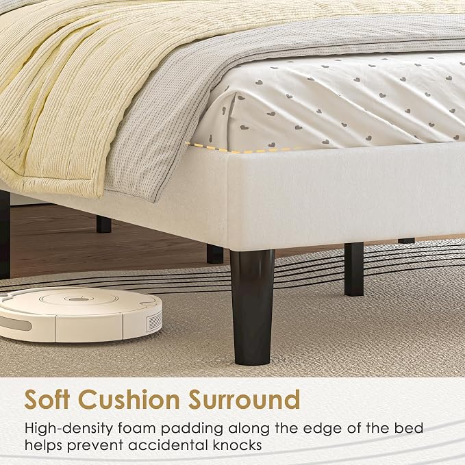 VECELO Twin Size Platform Bed Frame with Height Adjustable Upholstered Headboard, Modern Mattress Foundation,Strong Wood Slat Support, No Box Spring Needed, Easy Assembly,White
