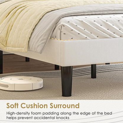 VECELO King Bed Frame with Rivet-Tufted Headboard & Footboard, Upholstered Platform Bed with Wood Slats Support, No Box Spring Needed, Noise-Free, Easy Assembly, White