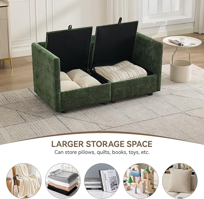 55" Cloud Modular Loveseat Sofa with Storage, Modern Upholstered Sofa Couch Small Love Seat, 2 Seater Chenille Comfy Sectional Sofa with Armrests for Living Room, Small Space, Green