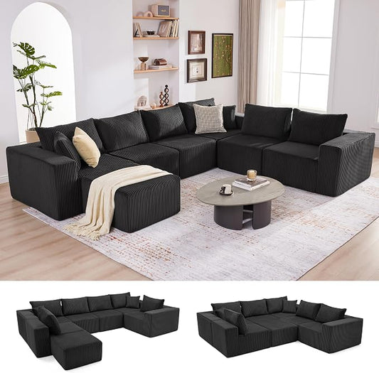 Cloud Couch Sectional, Modular Sofa with Deep Seat, Convertible Sectional Couches for Living Room, Plush Corduroy U Shaped Boneless Couch (Black, 6 Seater & 1 Ottoman)