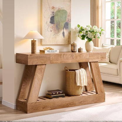 60" Farmhouse Entryway Table with Drawer, Wooden Hallway Foyer Table with Heavy Duty Base, Sofa Table for Living Room(Light Knotty Oak)