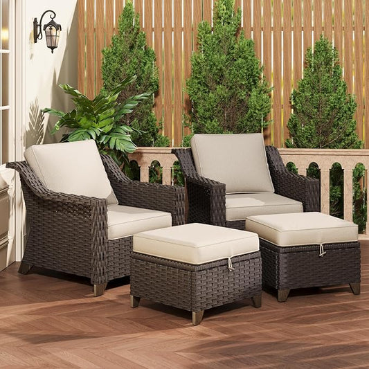 4 Pieces Patio Conversation Furniture Set - 2 Chairs with Ottomans Set of 2, Outdoor Wicker Armchairs with Water-Resistant and Washable Cushions for Porch, Balcony, Sunroom (Beige)
