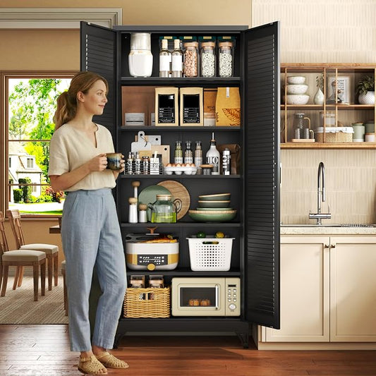 75" Metal Pantry Cabinet,Kitchen Storage Cabinet with Shelves | Louvered Metal Storage Cabinet,Adjustable Shelves,Gold Handles,Leveling Feet,Anti-tipping,for Garage/Kitchen Black