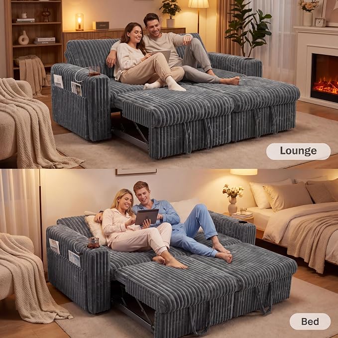 Vipbear 91" Sectional Sleeper Sofa with Pull Out Bed,5-Level Adjustable Backrest,3 Seat Modular Couch with Storage,Tool Free Assembly,USB & Cup Holders, Corduroy Sofa for Living Room,Grey