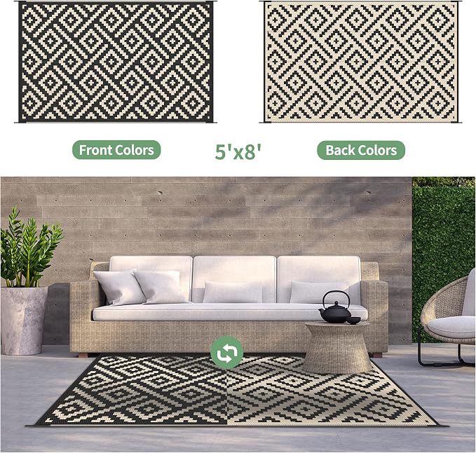 GENIMO 5'x8' Outdoor Rug Waterproof, Reversible Mats, Area Rug, Plastic Outside Carpet, Geometric Rv Mat for Patio Camping Rv Picnic Backyard Deck Balcony Porch Beach Trailer (Black & Beige)