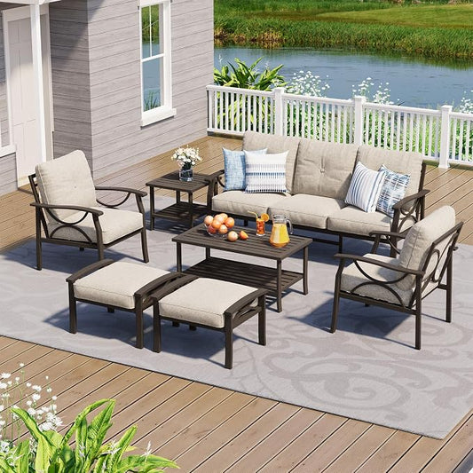 FansaFurn 7-Pieces Outdoor Patio Furniture Set, Outdoor Metal Sectional Furniture with Cushions, Outdoor Conversation Seating Set with Coffee Table for Backyard,Garden, Balcony, Deck, Backyard, Khaki